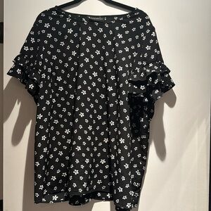 Lane Bryant Black Top with White Flowers. Double Ruffle Short Sleeve. Size 24